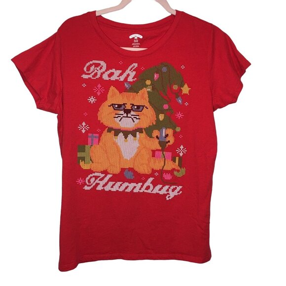 Holiday Time Red Bah Humbug Cat Christmas T-Shirt XL u - Picture 2 of 5